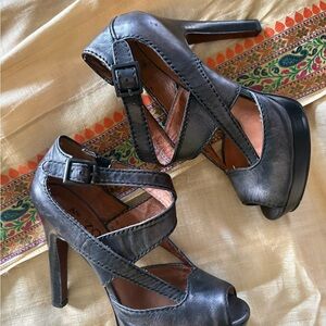 SALE! Anthropologie Leather Metallic Black Strappy Heels
